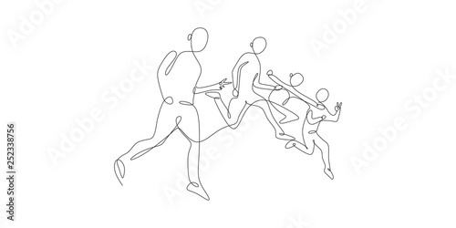 continuous one line drawing of four jumping happy team members celebration vector illustration