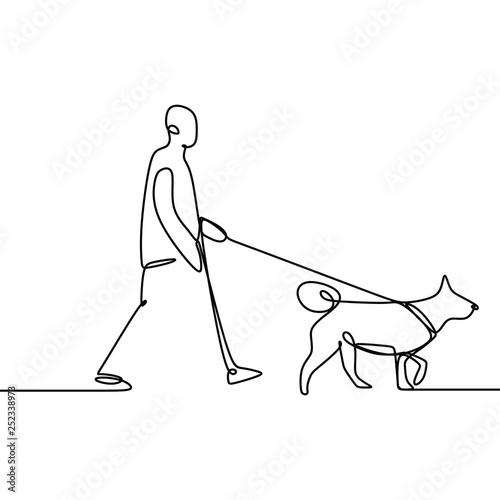 Continuous one line someone is walking with a dog.