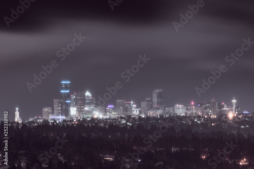 Seattle skyline at night as major snowstorm rolls in on Snowpocalypse February 10, 2019