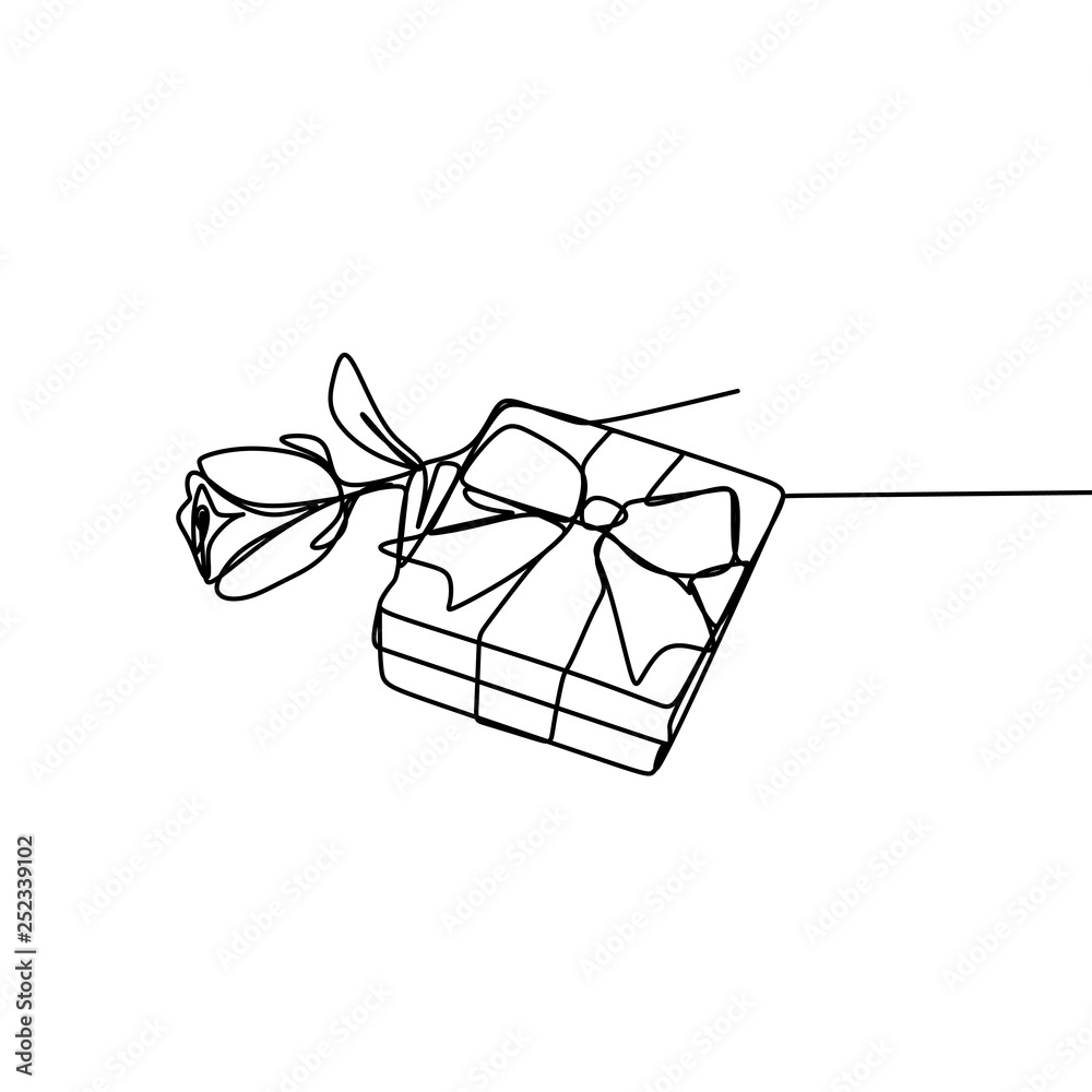 One line drawing of minimalist designs of roses and gifts. Vector  illustrations for posters, banners and wallpaper simple templates of  elegant continuous line art. Stock Vector