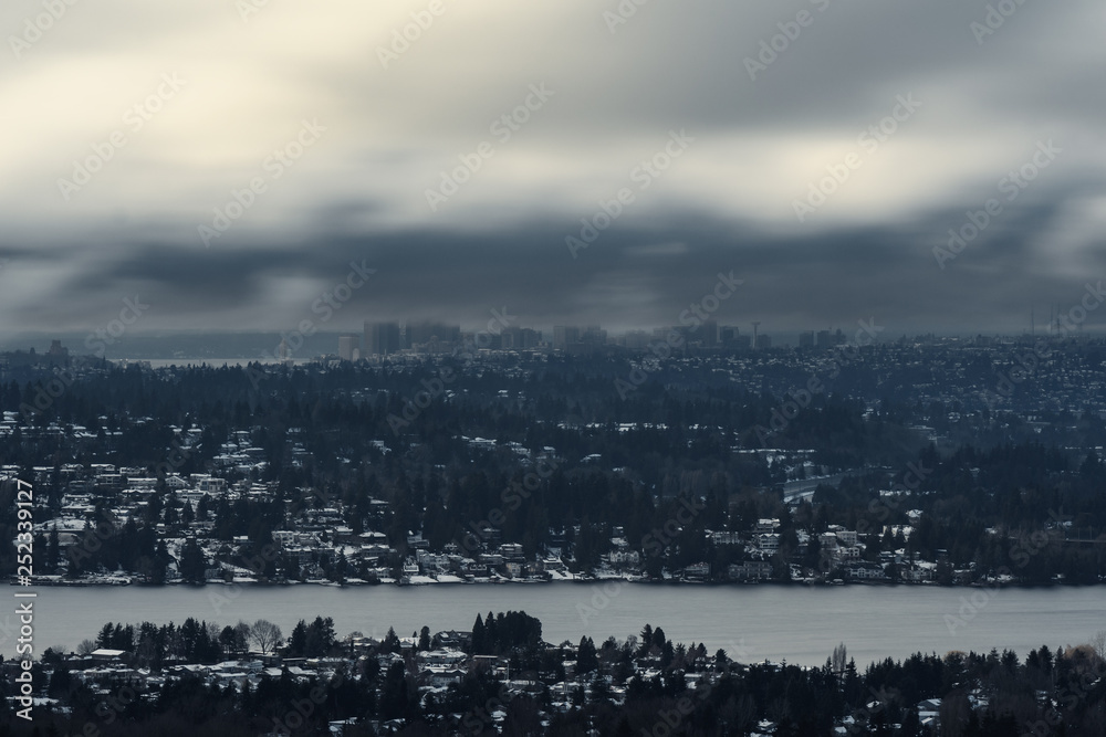 Long exposure of Seattle skyline after snowstorm in 2019 Long exposure of Seattle skyline after snowstorm in 2019