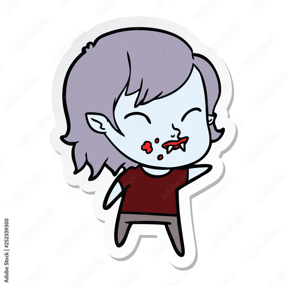 sticker of a cartoon vampire girl with blood on cheek sticker of a cartoon vampire girl with blood on cheek