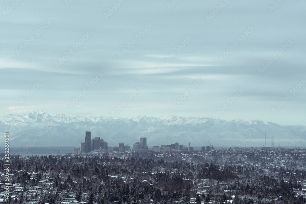 Long exposure of Seattle skyline after snowstorm in 2019