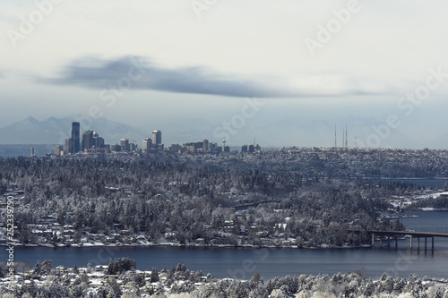 Long exposure of Seattle skyline after snowstorm in 2019