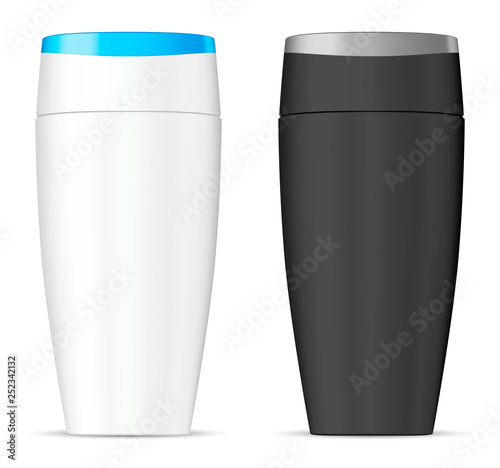 Smooth Shampoo Bottle Set in Black and White. Hair Protection Shampoo with Argania Oil Package isolated on Background. Realistic Blank of Cosmetic Product and Cap. Modern Realistic Illustration.