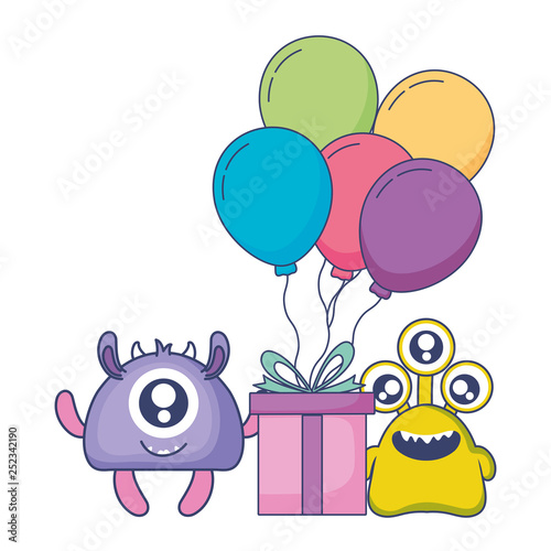 crazy monsters with gift and balloons helium characters