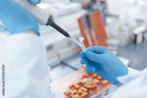 Senior scientist examining test tubes with blood samples at the laboratory photo