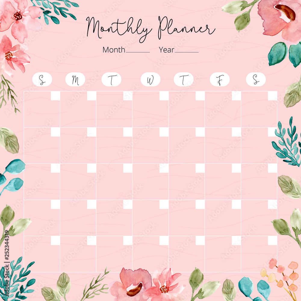 monthly planner with watercolor floral frame