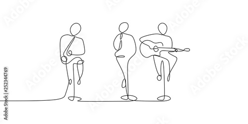 continuous line drawing of music concert performance with guitarist and singer.