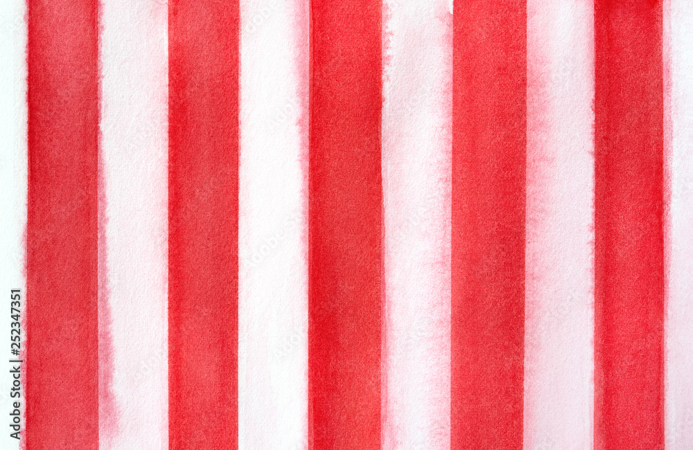 Fototapeta premium Red and white decorative stripes watercolor background. Handdrawn water color graphic drawing on textured paper. Backdrop for creative design, web page wallpaper, greeting card, poster, print, decor.