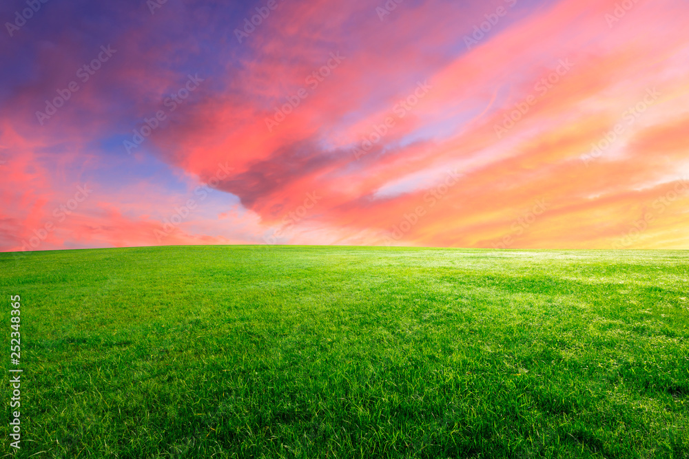 Green grass and beautiful sky at sunset