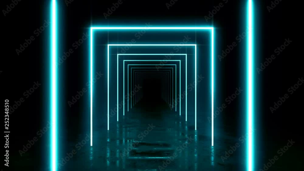 Abstract background with animation of flight in abstract futuristic tunnel with neon light. Animation of seamless loop. 