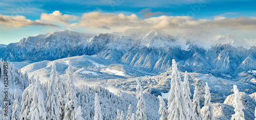 Tablou pe pânză Panoramic view over the ski slope Poiana Brasov ski resort in Transylvania, Pine