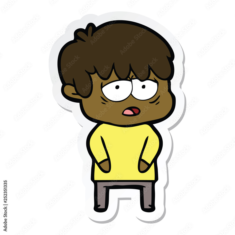 sticker of a cartoon exhausted boy