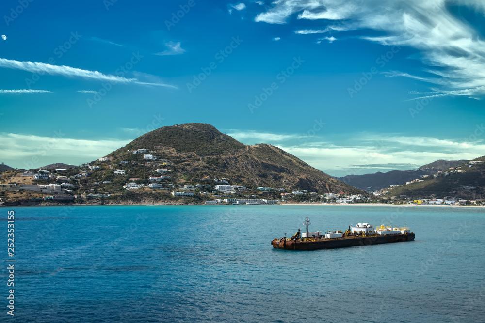 A heavy tanker moored in the bay of Saint Martin