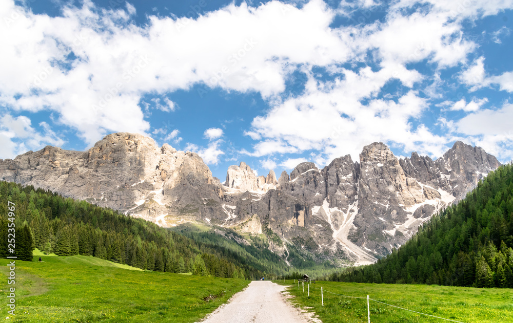 Parco Naturale Paneveggio Pale di San Martino in Estate. Foto della montagna in estate nella valle venegia tra San Martino di Castrozza e la Val di Fiemme. Trentino Alto Adige