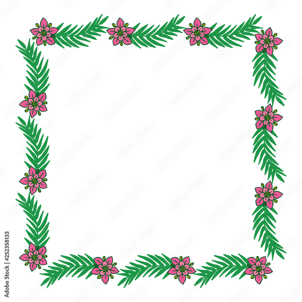 Vector illustration greeting card with frame flower pink and leaf green hand drawn