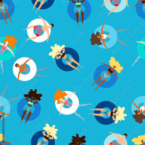 people on inflatable circles swim in the sea. seamless pattern