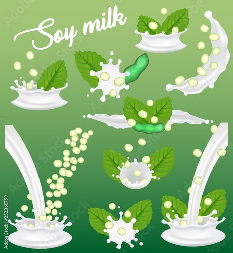 Soy milk splash set, vector realistic illustration