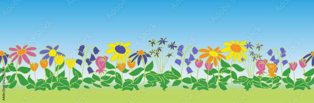 Seamless flower patch border pattern with sky Seamless flower patch border pattern with sky