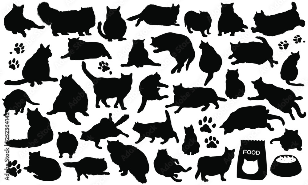 Set vector silhouettes of the fat cats and the paw prints and cat foods - Isolated on white background -太った猫のベクターイラストセット- Set vector silhouettes of the fat cats and the paw prints and cat foods - Isolated on white background -太った猫のベクターイラストセット-