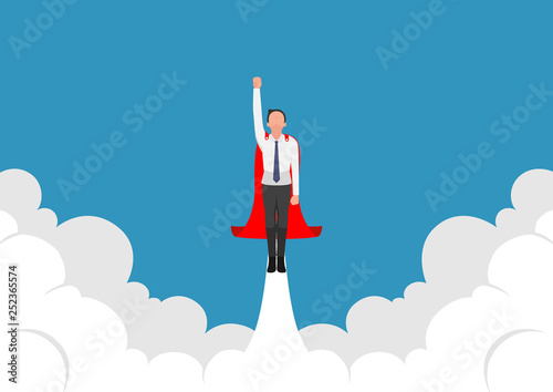 Super businessman flying up from cloud