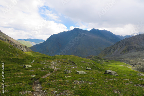 Mountain ridge scenic view. Valley of 7 lakes. Altai Mountains, Russia