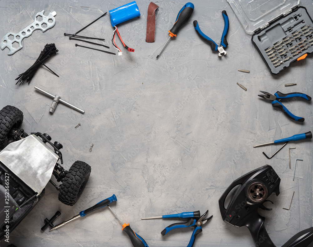 Radiocontrolled car models Repair kit for RC models. Top view. Stock