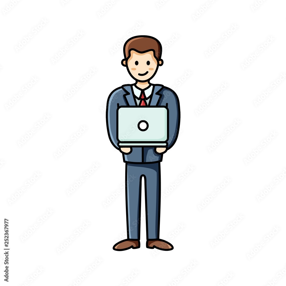 Business man holding laptop. Infographic element. Vector character