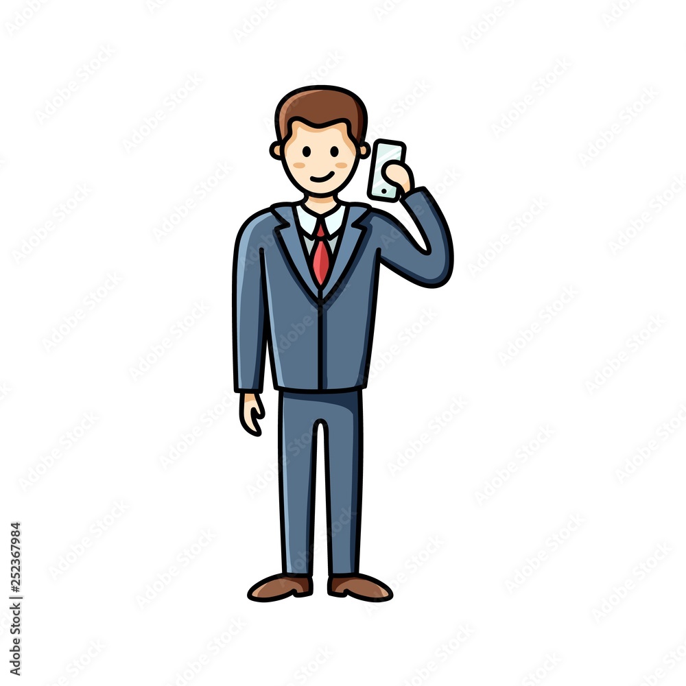 Business man holding smartphone. Infographic element. Vector character Business man holding smartphone. Infographic element. Vector character