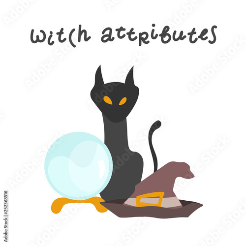 Composition on the topic of divination and magic. Great for greeting cards, invitations, posters, flyers, textiles, t-shirts, stationery, souvenirs. Suitable for celebrating Halloween.