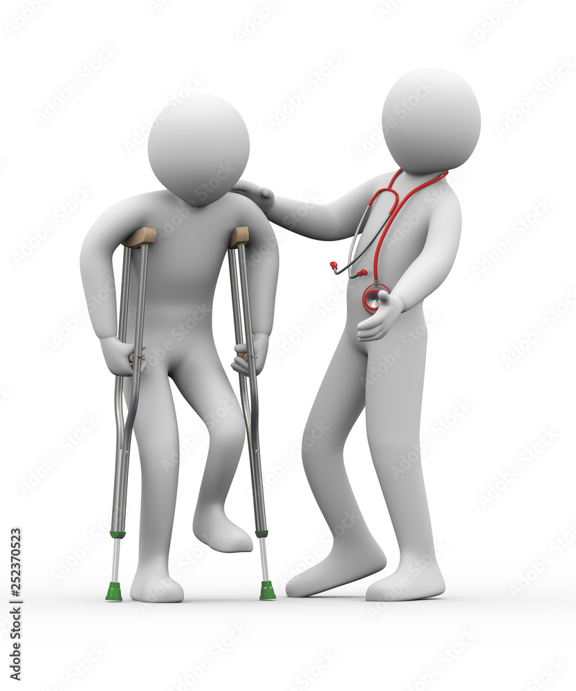 3d doctor helping a person on crutches 3d doctor helping a person on crutches