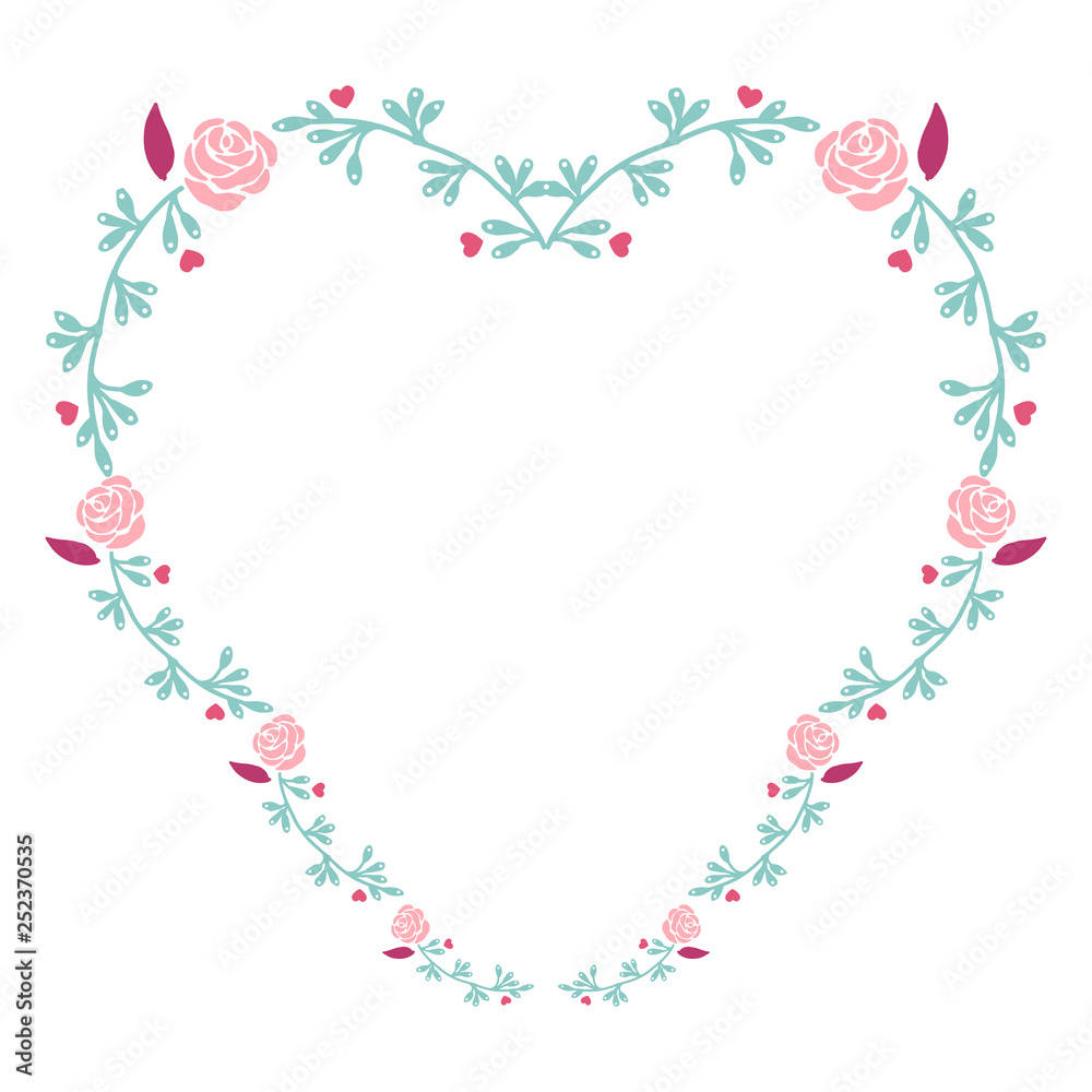 Vector illustration pink flower frame with light blue leaf hand drawn