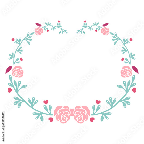 Vector illustration pink flower frame with light blue leaf hand drawn