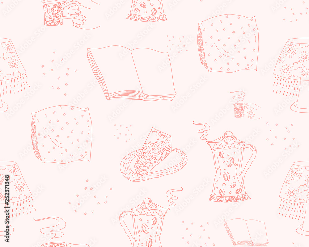 vector hand drawn pattern with some cozy things. hygge and house comfort themes, printed goods.
