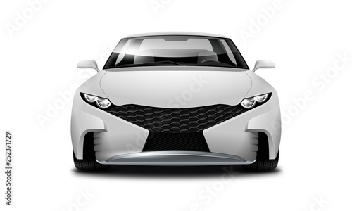 White Metallic Coupe Sporty Car. Generic Automobile On White Background. Front View With Isolated Path.