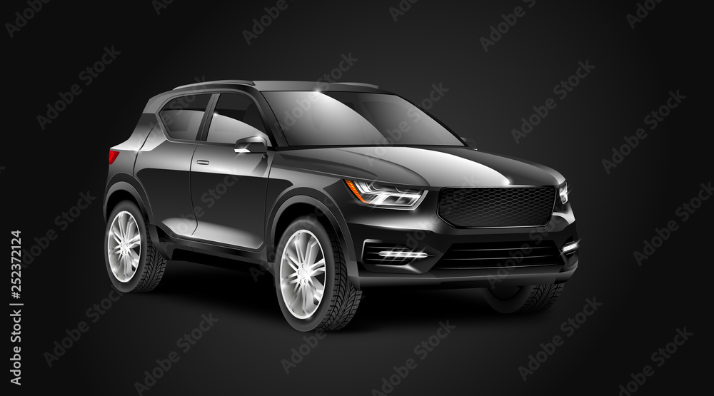 Black Generic SUV Car. Off Road Crossover On Black Background With Isolated Path