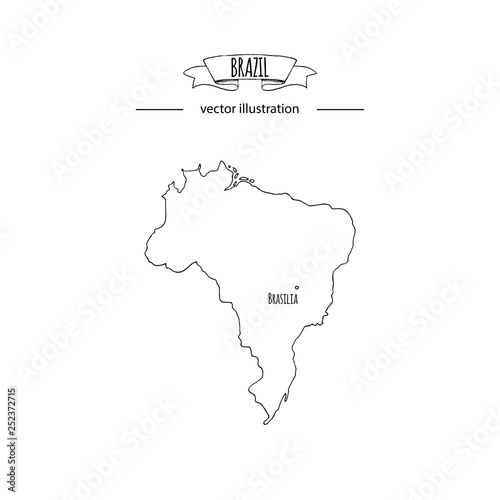 Hand drawn doodle Brazil map icon Vector illustration isolated on white background Brazilia outer borders symbol Cartoon ribbon band element icon. Brasilia symbol  