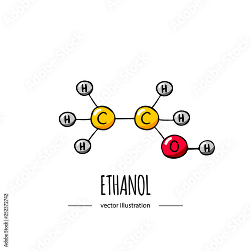 Hand drawn doodle Ethanol chemical formula icon Vector illustration Cartoon molecule element Sketch alcohol molecular structure Structural scientific formula isolated on white background