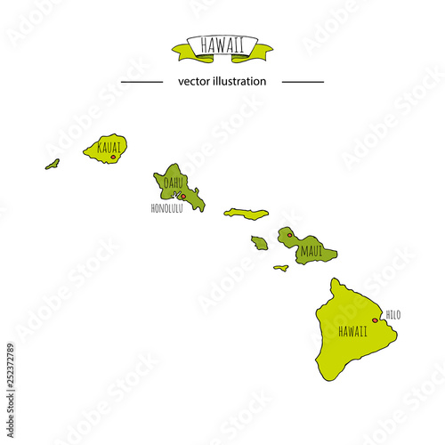 Hand drawn doodle Hawaii map icon Vector illustration isolated on white background Hawaiian islands outer borders symbol Cartoon ribbon band element icon. USA state, Honolulu, Maui, Oahu