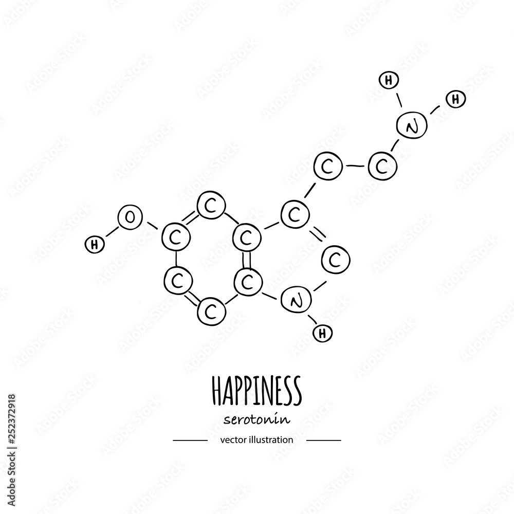 Hand drawn doodle Serotonin chemical formula icon Vector illustration Cartoon molecule Sketch happiness symbol molecular structure Structural scientific hormone formula isolated on white background