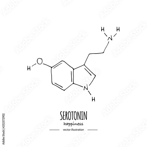 Hand drawn doodle Serotonin chemical formula icon Vector illustration Cartoon molecule Sketch happiness symbol molecular structure Structural scientific hormone formula isolated on white background
