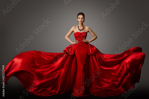 Obraz na plátně Fashion Model Red Dress, Woman in Long Fluttering Waving Gown, Young Girl Beauty