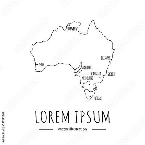 Hand drawn doodle Australia map icon Vector illustration isolated on white background Australian symbol Cartoon element Tasmania island, outer borders Sydney Canberra Melbourne Brisbane Perth Darwin photo