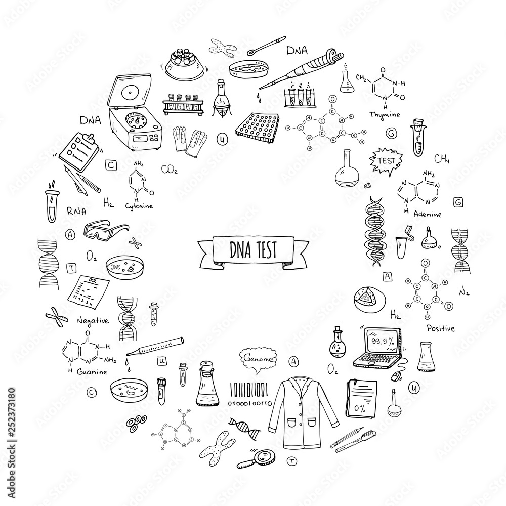 Hand drawn doodle DNA test icons set. Vector illustration. Medical lab symbol collection. Cartoon nano technology, medicine, genome elements: research tools, substance, molecules, nitrogenous bases Hand drawn doodle DNA test icons set. Vector illustration. Medical lab symbol collection. Cartoon nano technology, medicine, genome elements: research tools, substance, molecules, nitrogenous bases