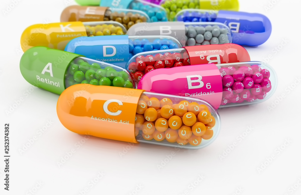 3d rendering of many vitamin capsule - obrazy, fototapety, plakaty 