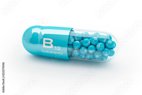 3d rendering of a vitamin capsule with vitamin B12 - Cobalamin