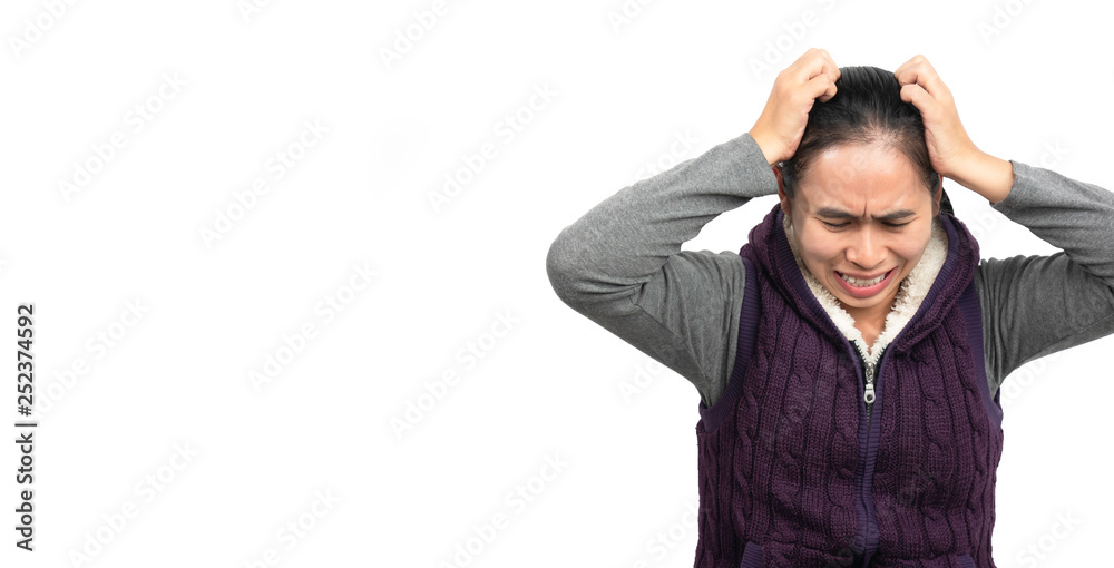 Portrait of Asian stressed woman on white background. Health care concept. Space for text input. Portrait of Asian stressed woman on white background. Health care concept. Space for text input.