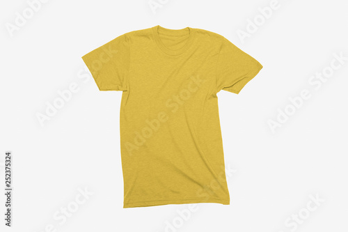 Blank Yellow T-Shirts Mock-up on soft gray background, front  view. Ready to replace your design.High resolution photo.