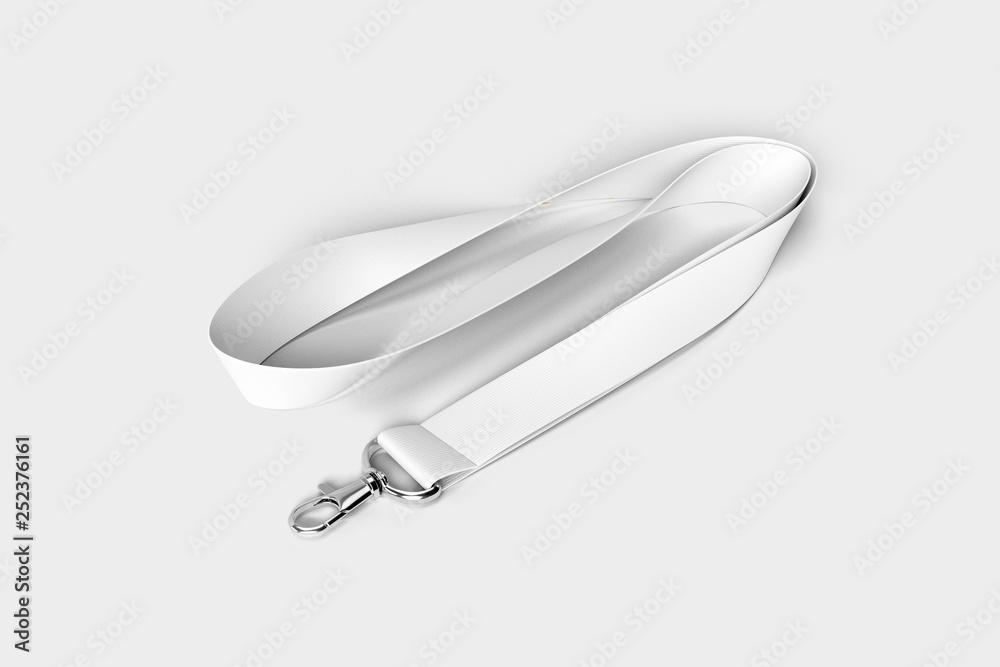 Blank white Bagde Lanyard lace mockup, 3d rendering. Plain empty cotton band  mock up isolated on soft gray background. Stock Photo